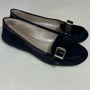 Bandolino Black Suede Loafers with Gold Buckle